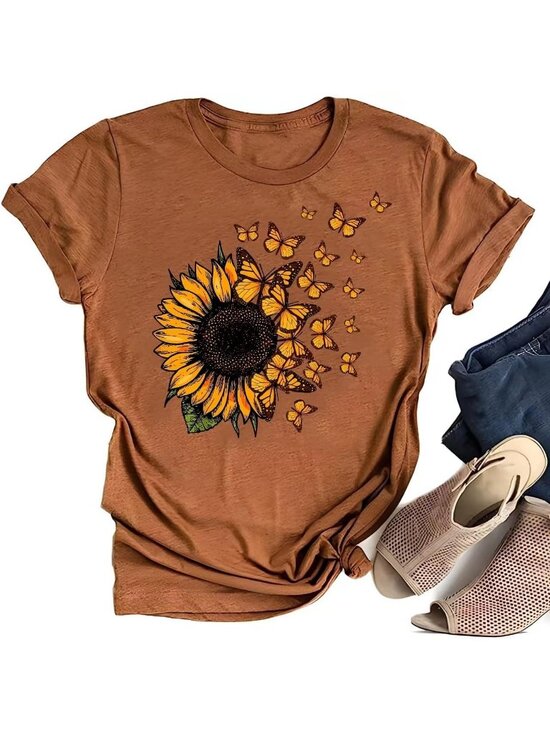 Tops - Women's Ochre Short Sleeve Crew Neck Sunflower Graphic Vintage Tee Shirts Tops